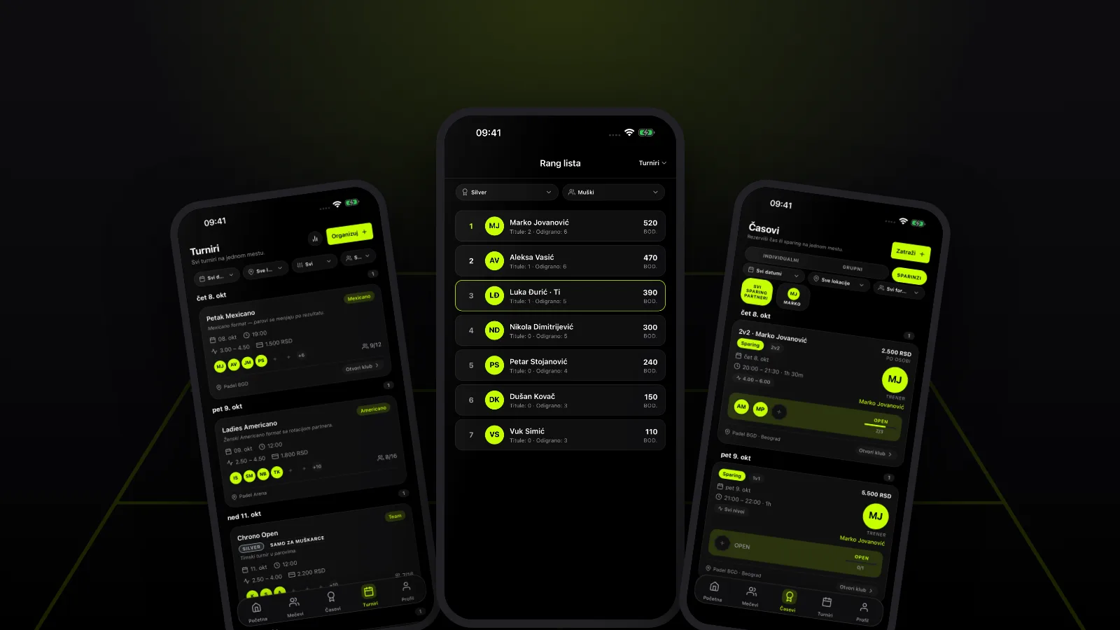 Three PadelDropIn app screens with demo data: the Tournaments tab with a Silver, men only tournament, the leaderboard by tournament, and the Juniors & friends list