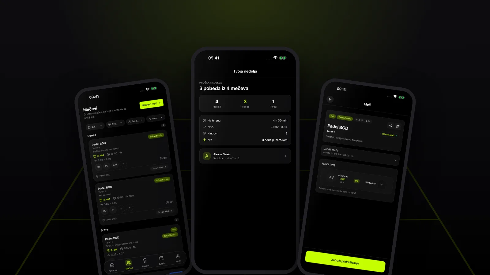Three PadelDropIn app screens with demo data: the open-match list with a 1v1 singles match, the weekly recap, and a player profile with the "You two" card