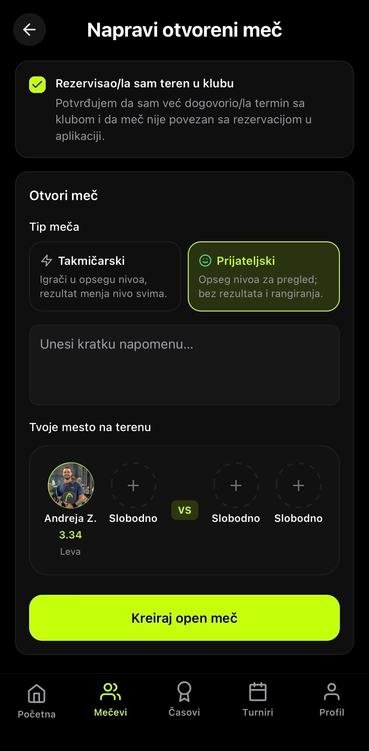 Forma za kreiranje meča