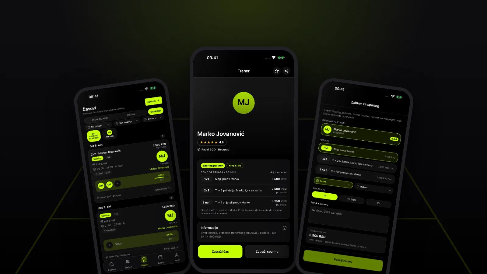 PadelDropIn app screens with demo data: the Sparring segment of the Lessons tab with a sparring partner and open sessions, a coach profile with a sparring card, and the Request sparring form
