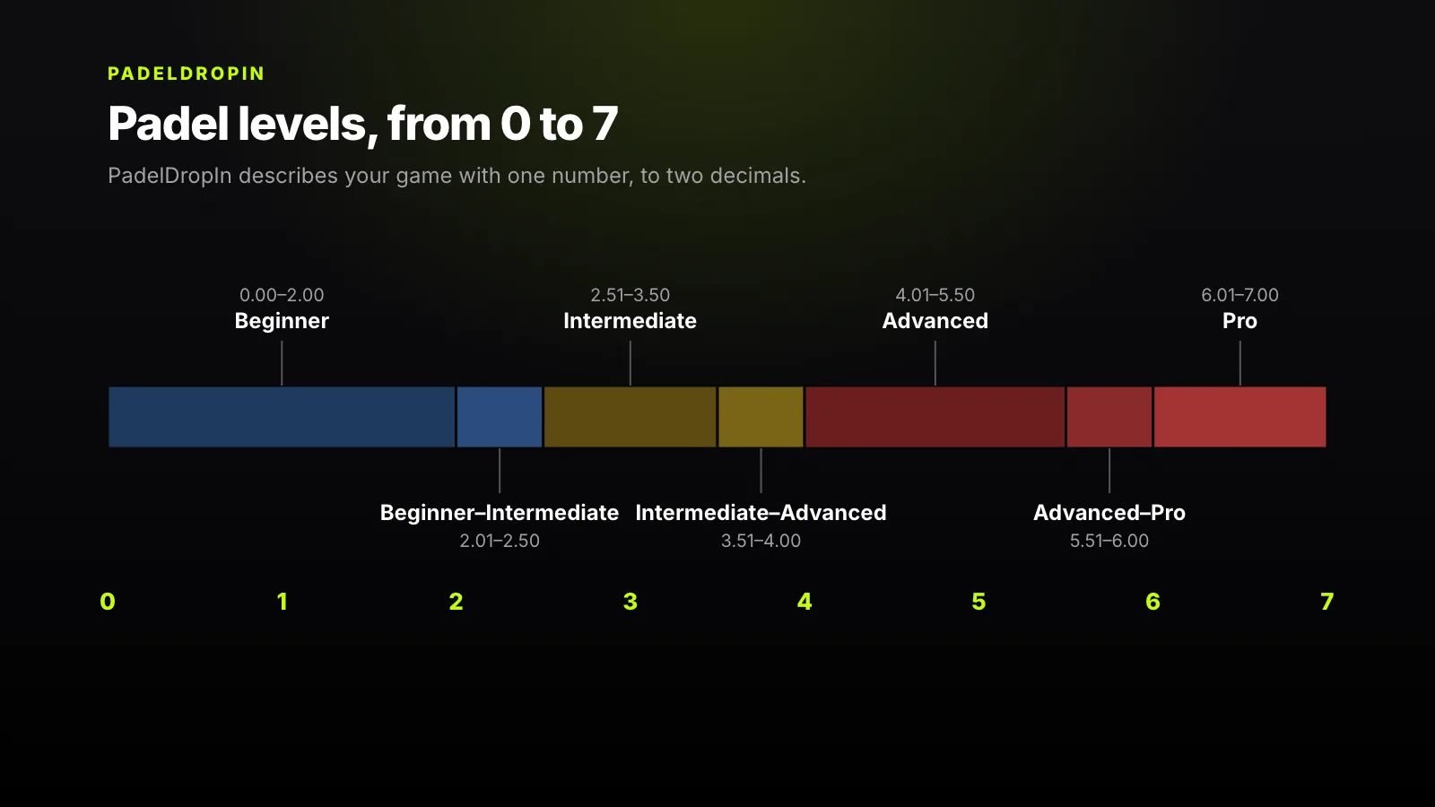 Diagram of the 0 to 7 level scale split into seven zones, from Beginner to Pro
