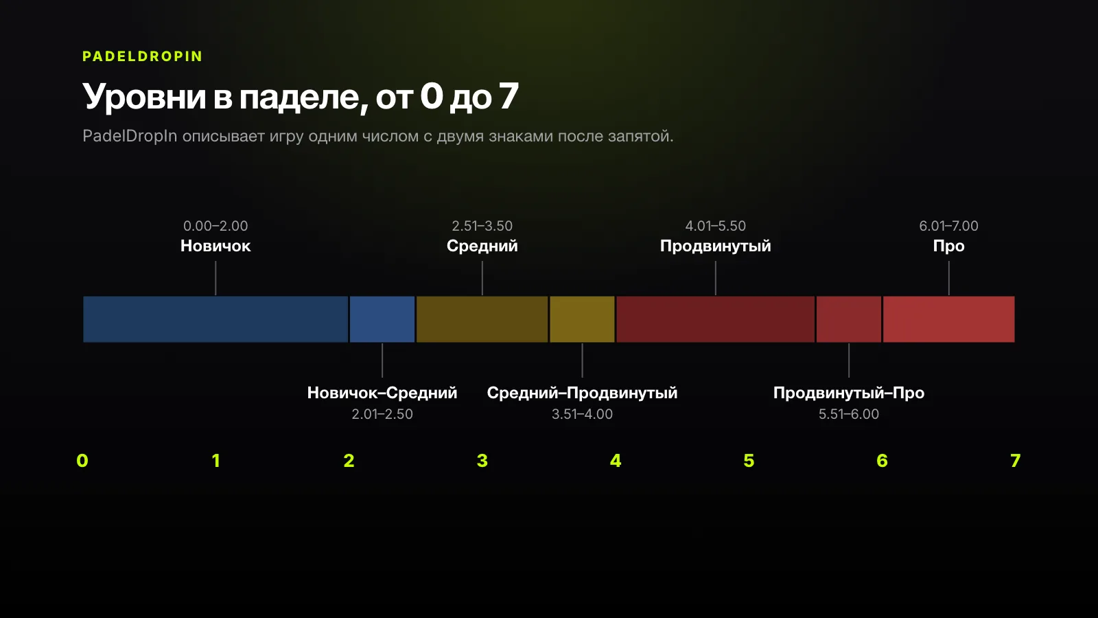 Схема шкалы уровней от 0 до 7, разделённой на семь зон, от «Новичка» до «Про»