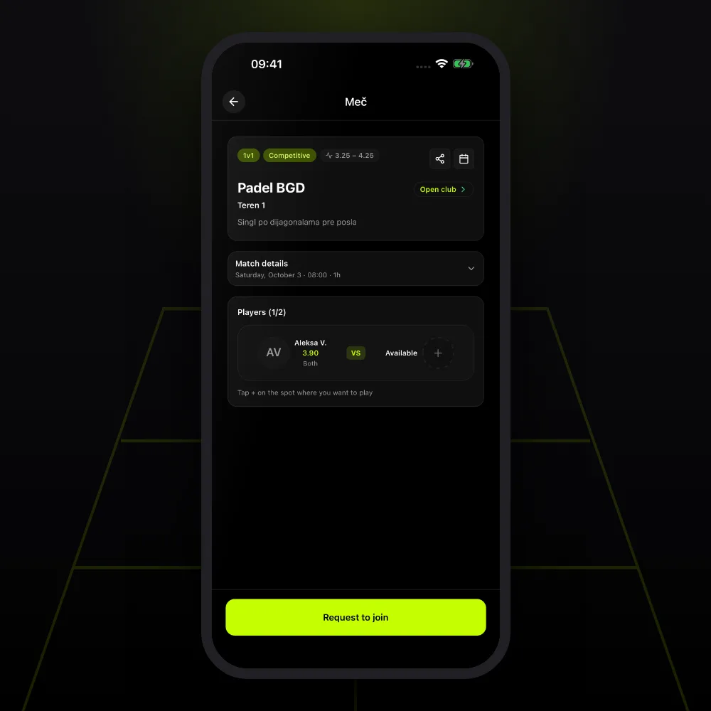 A 1v1 match detail screen with one player, one free seat and a request-to-join button