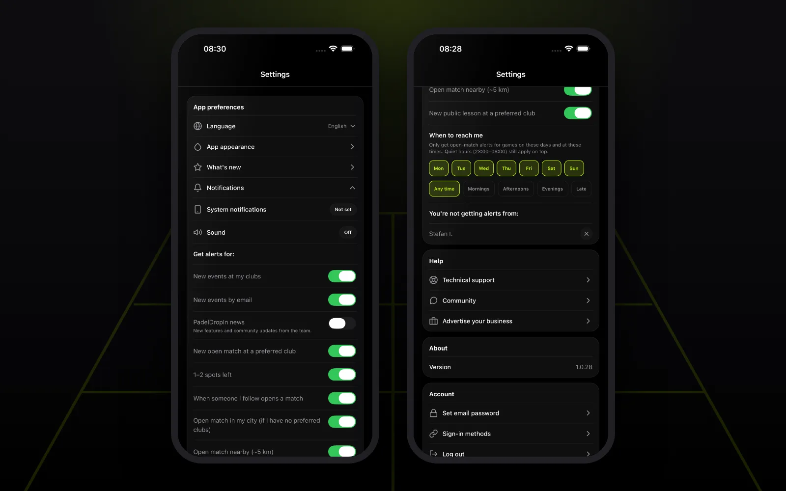 The Notifications section in PadelDropIn settings with open-match toggles, the When to reach me picker and the list of players you don't get alerts from