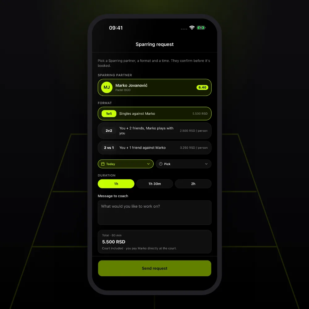 The Request sparring form with club, format, date, time and duration fields and a Send request button